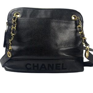 CHANEL Black Caviar CC Logo Vintage Chain Dome Bag